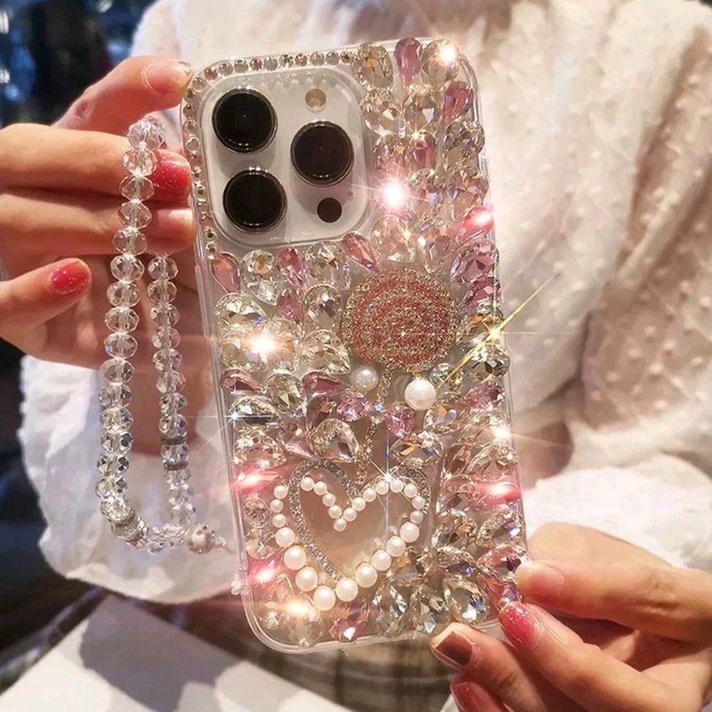 iPhone 16 Crystal Pink Rhinestone  Faux Pearl Bling Phone Case  Heart Design..Sh